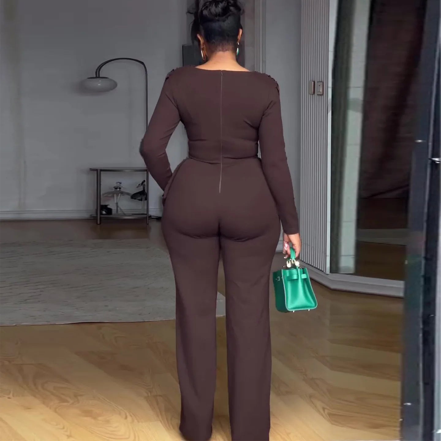 Swing Collar Ruched Jumpsuit Long Sleeve Solid Elegant Office Lady Asymmetric Hem Casual Vintage Ruched Slim Rompers Autumn