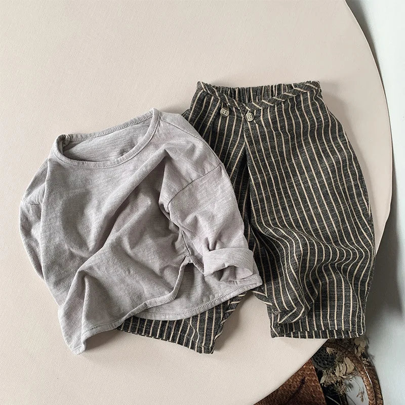 Children's Retro Striped Cotton And Linen Pant Spring Autumn New Japanese Boys And Girls Casual Loose Wide-Leg Pants WTP122