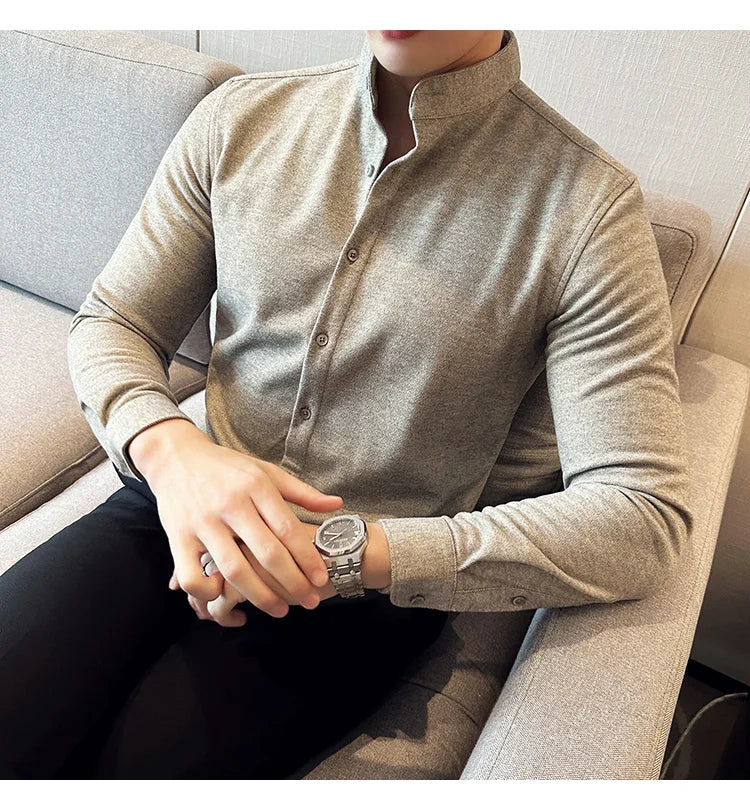 Winter Men Woolen Shirt with British Style Solid Casual Stand Up Collar Thick Warm Wool Formal Dress Shirt Fashion Men Clothing