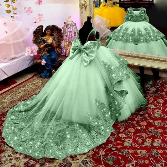 Customized Flower Girl Dress for Wedding Suspenders with Bow Satin Ball Gown Kids Birthday First Communion Party Dress