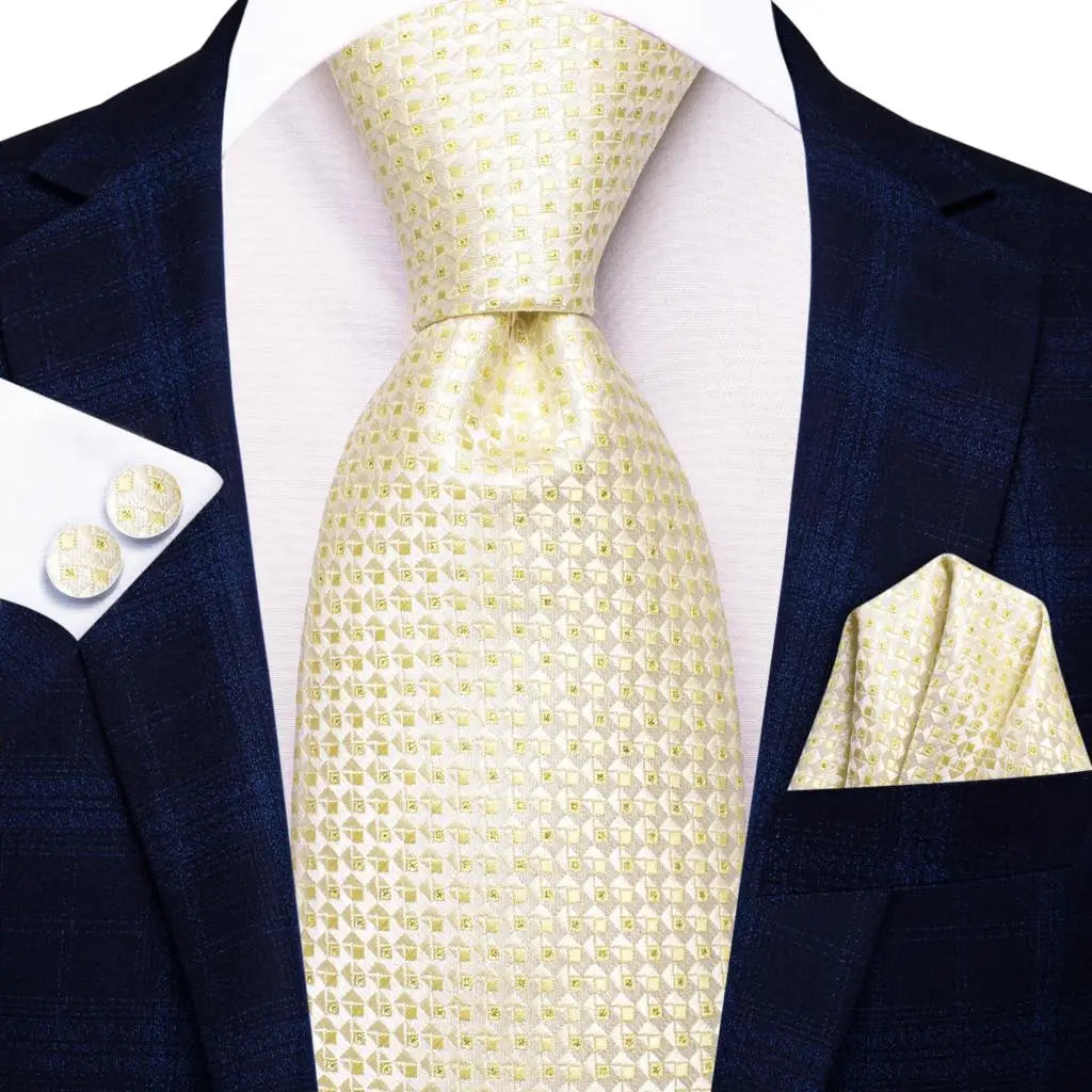 Hi-Tie Champagne Ivory Floral Solid Design Silk Wedding Tie For Men Quality Hanky Cufflink Fashion Nicktie Business Dropshipping