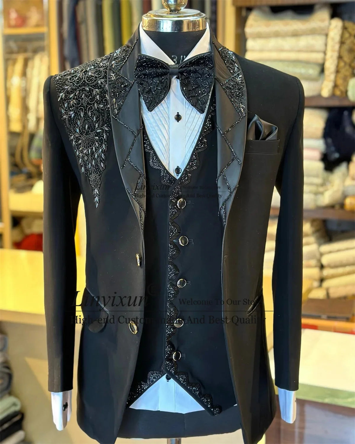 Luxury Metal Diamond Embellished Men Suit Glitter Wedding Prom Blazers 3 Pieces Set Groom Tuxedos Slim Fit trajes para hombre