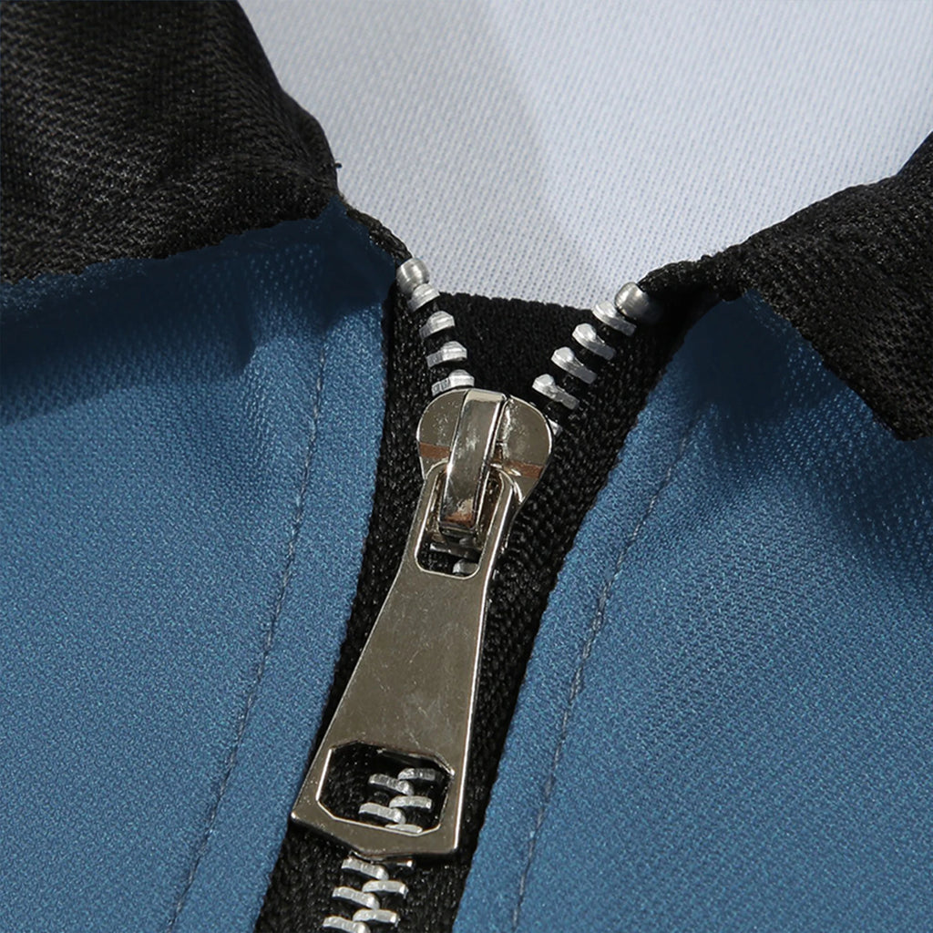 Men's Contrast Color Zipper Polo Shirt – Short Sleeve Lapel Golf Tee