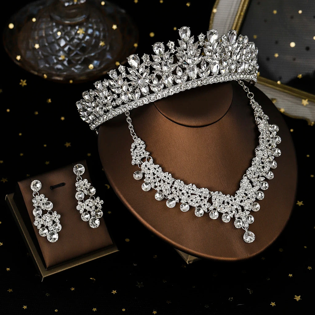 Bridal Wedding Elegant Headpieces Crystal Crown Tiara Classic Earrings & Necklace Set Jewelry Accessories Gifts for Friends