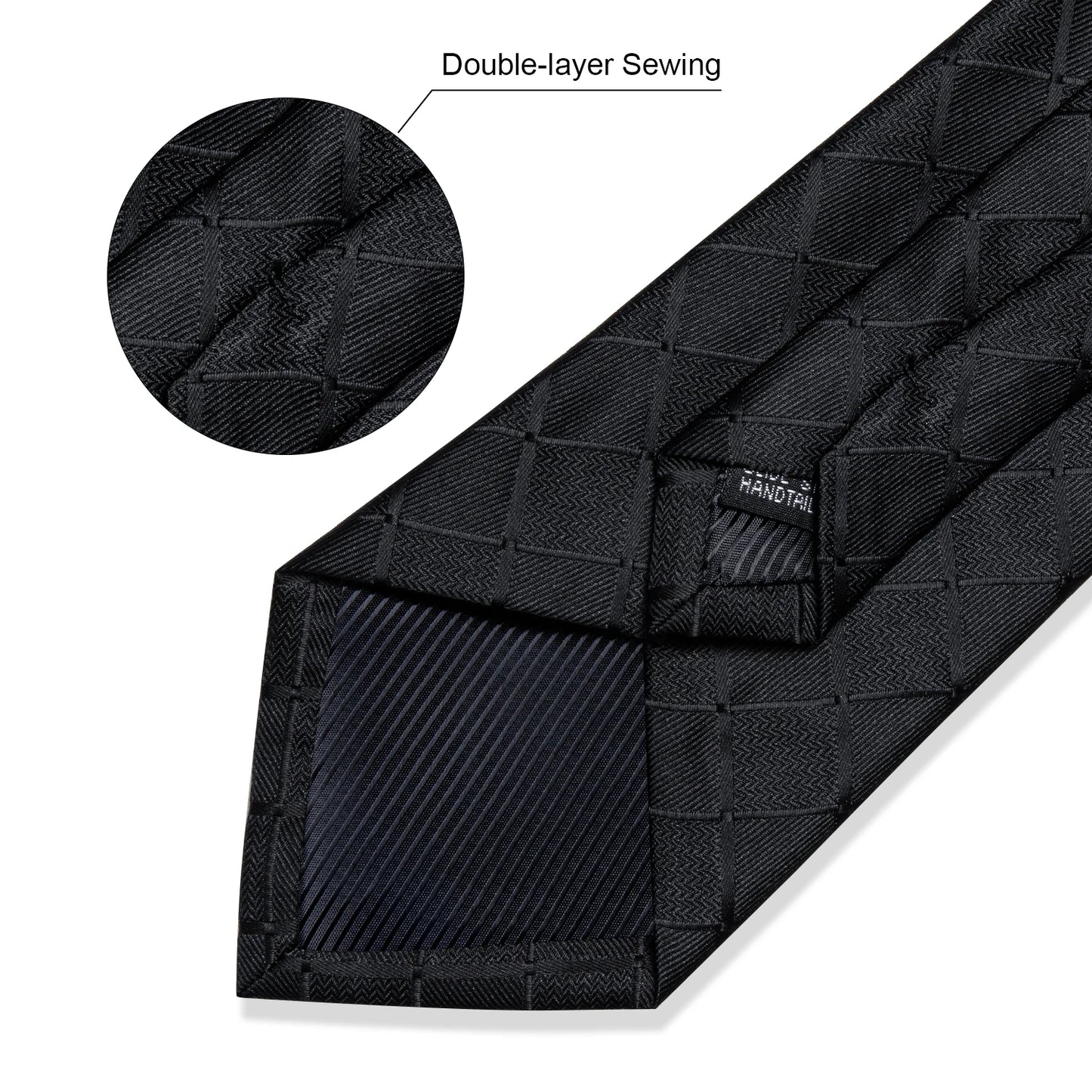 Solid Black Plaid Men's 8cm Polyester Neck Tie Handkerchief Cufflinks Set with Gift Box Tie Clip Birthday Anniversary Gift