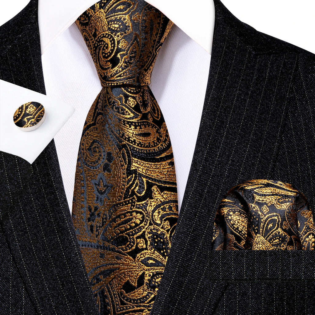 Barry.Wang Gold Silk Mens Tie Hanky Cufflinks Set Yellow Beige Orange Luxury Jacquard Necktie For Male Wedding Business Party