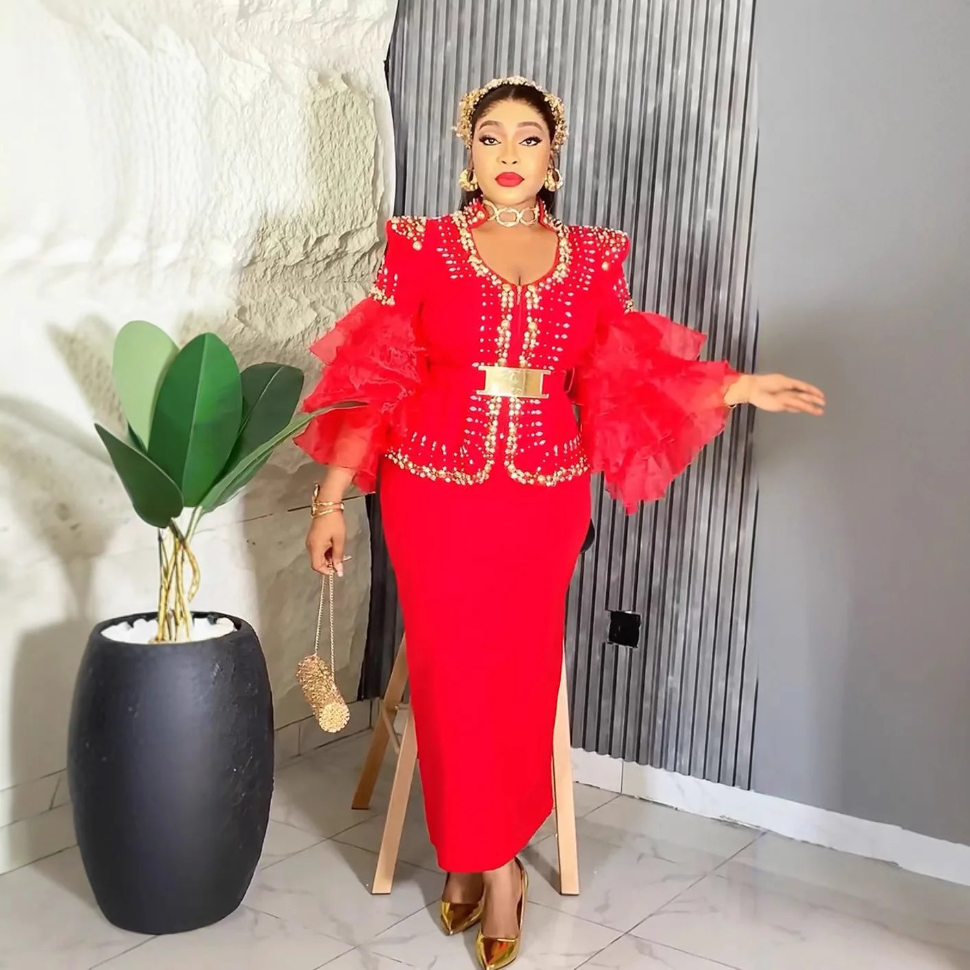 African Dresses for Woman Luxury Plus Size Fashion Ruffle Sleeve Wedding Party Long Dress Evening Gown Ladies Clothing New 2025