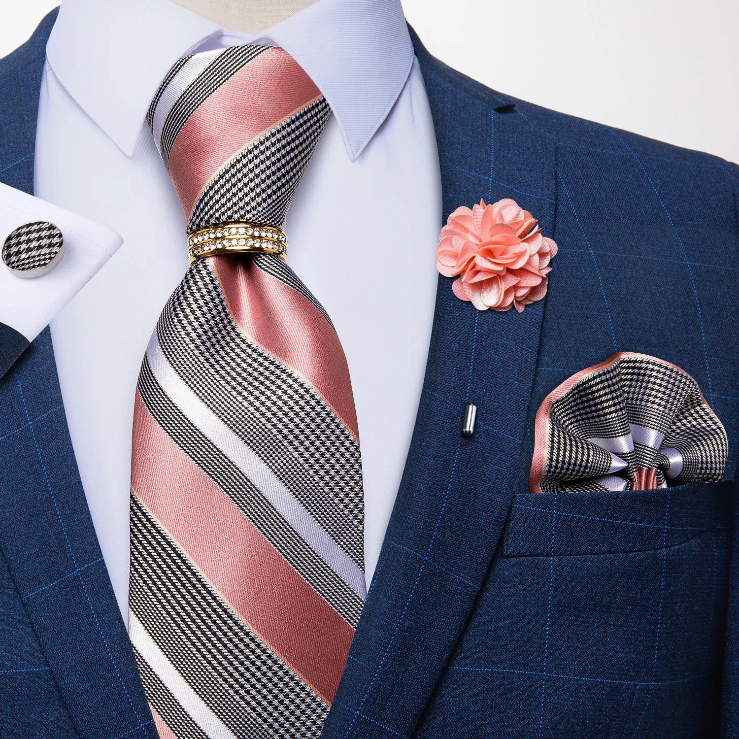 Men's Floral Red 8cm Ties Handkerchief Cufflinks Metal Ring Brooch Pin 5 Pcs Set Wedding Party Suits Accessory Gift for Husband