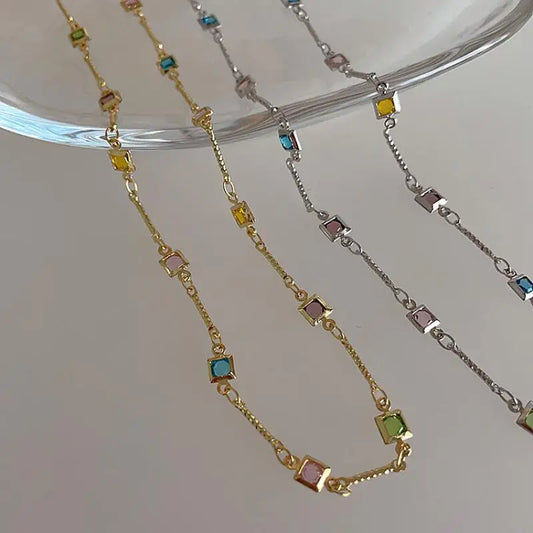 Hot Sale Colorful Square Rhinestone Necklace Fashion Exquisite Light Luxury Zircon Clavicle Chain Female Wedding Jewelry Gifts