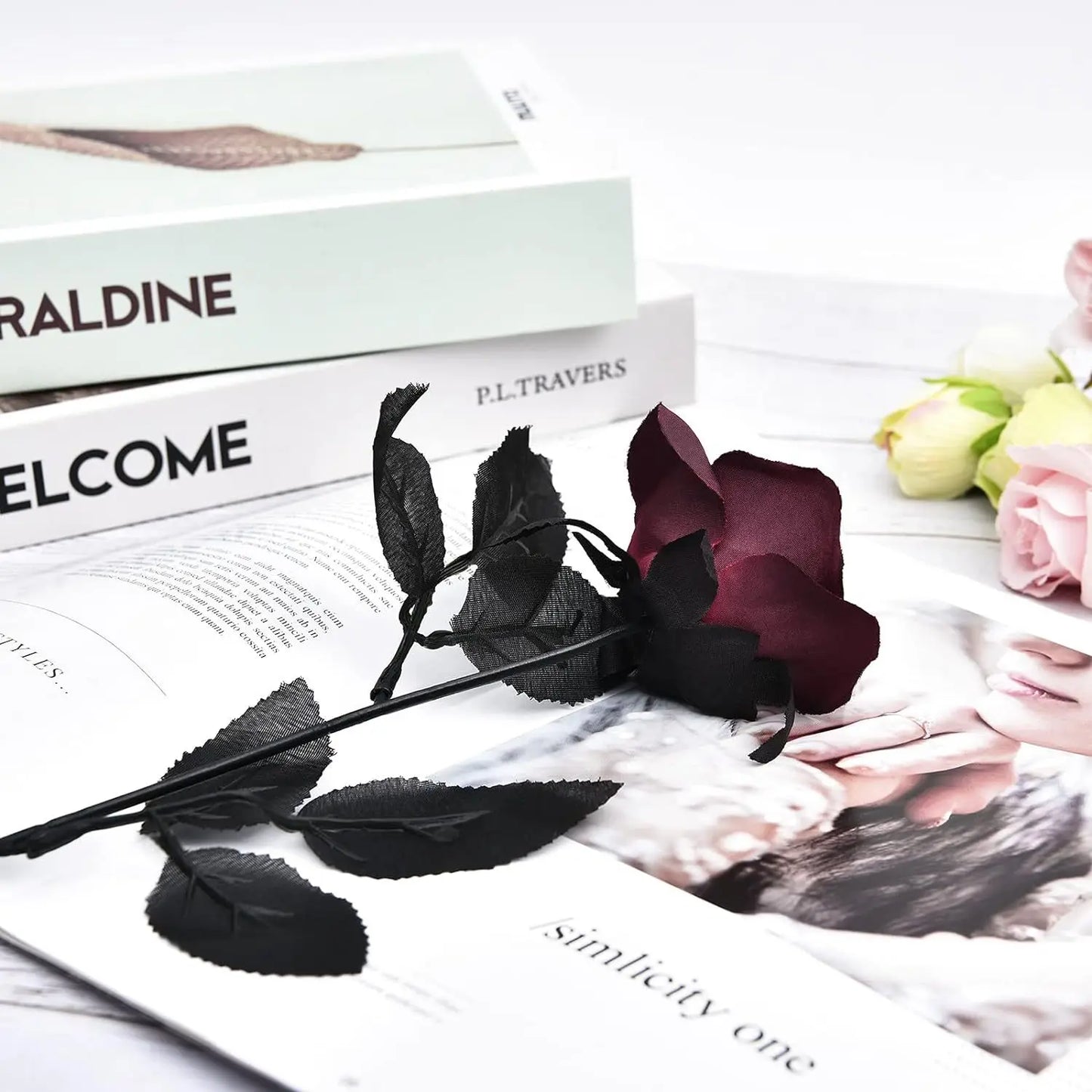 Halloween Decoration Burgundry Dahlia Black Artificial Flower Branch Arrangement Materials Fake Flower Table Home Party Decor