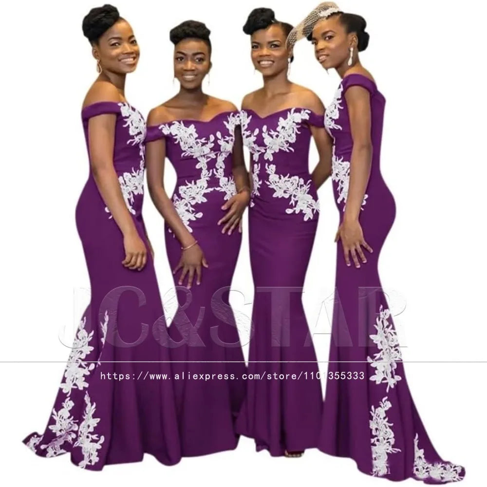 Burgundy Womens Off The Shoulder Mermaid Bridesmaid Dresses for Wedding Lace Satin Prom Dresses Long Formal Evening Gowns Africa