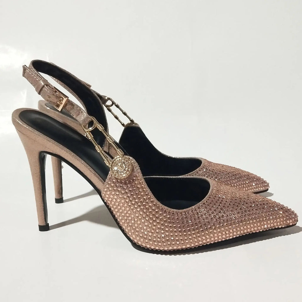 2025Women's Sexy Silk Rhinestone Pumps Belt Buckle Back Hollow Pointed Toe Thin Heel Sandals Pumps Female High Heels Party Shoes