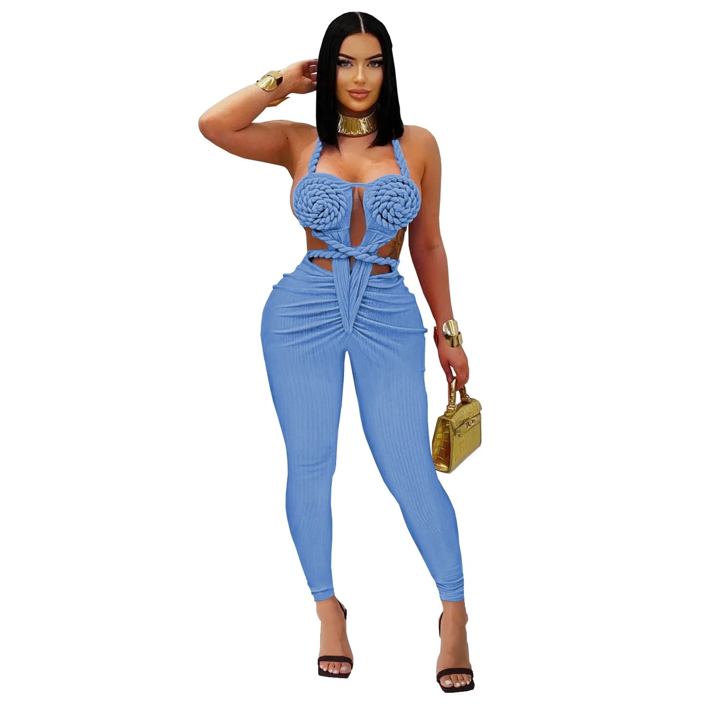 GLCMYAYA Women Halter Neck Knit Ribbed Ruched Stacked Jumpsuits 2025 Summer Vacation Beach Romper Playsuit One Piece Set Outfits
