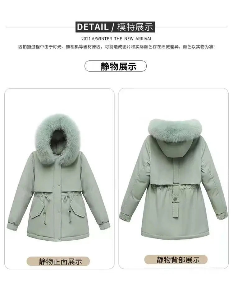 2025 Winter New Korean Edition Loose Thicken Cotton Jacket Women's Big Fur collar Hooded Coat Female Casual Warm Parker Overcoat