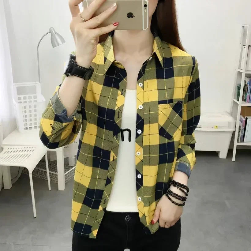 2024 Autumn New College Style Plaid Shirts Womens Long sleeve Button Down Casual Tops Loose Fashion Polo Neck Blouses
