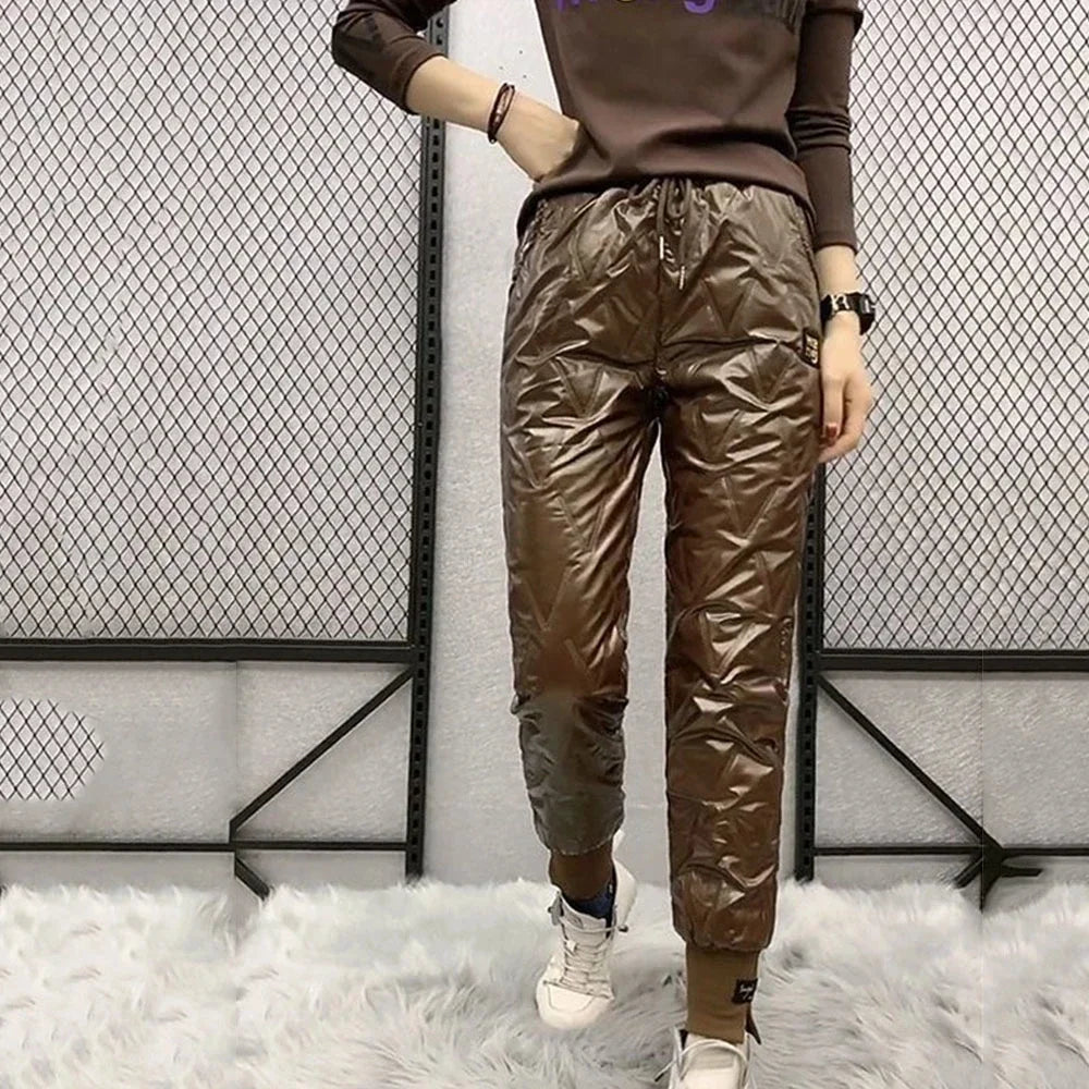 Autumn Winter Cotton Trousers Women's Snow Waterproof Warm Pants 2025 New Winter Drawstring Thicken Casual  Harem Pants