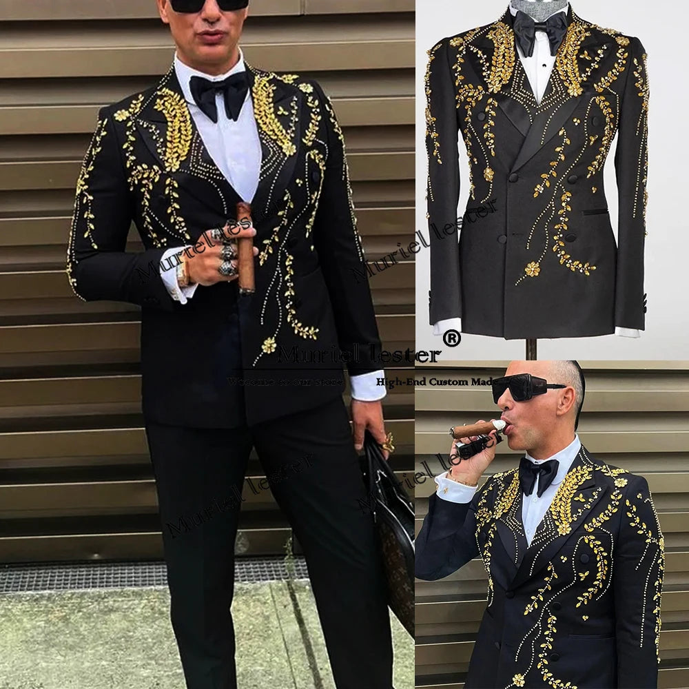 Formal Wedding Suits For Men Gold Beaded Jacket Plus Size Male Fashion Business Party Dress 2 Pieces Double Breasted Coat Pants