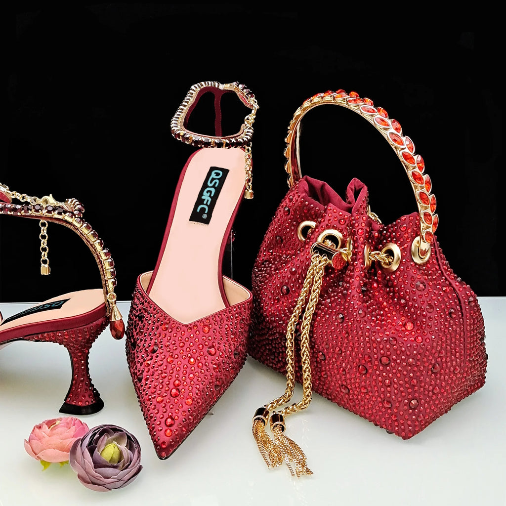 QSGFC New Gold Glitter Fabric Pointed Toe High Heels With A Variety Of Shapes Of Rhinestones Fashion Party Ladies Shoes And Bag
