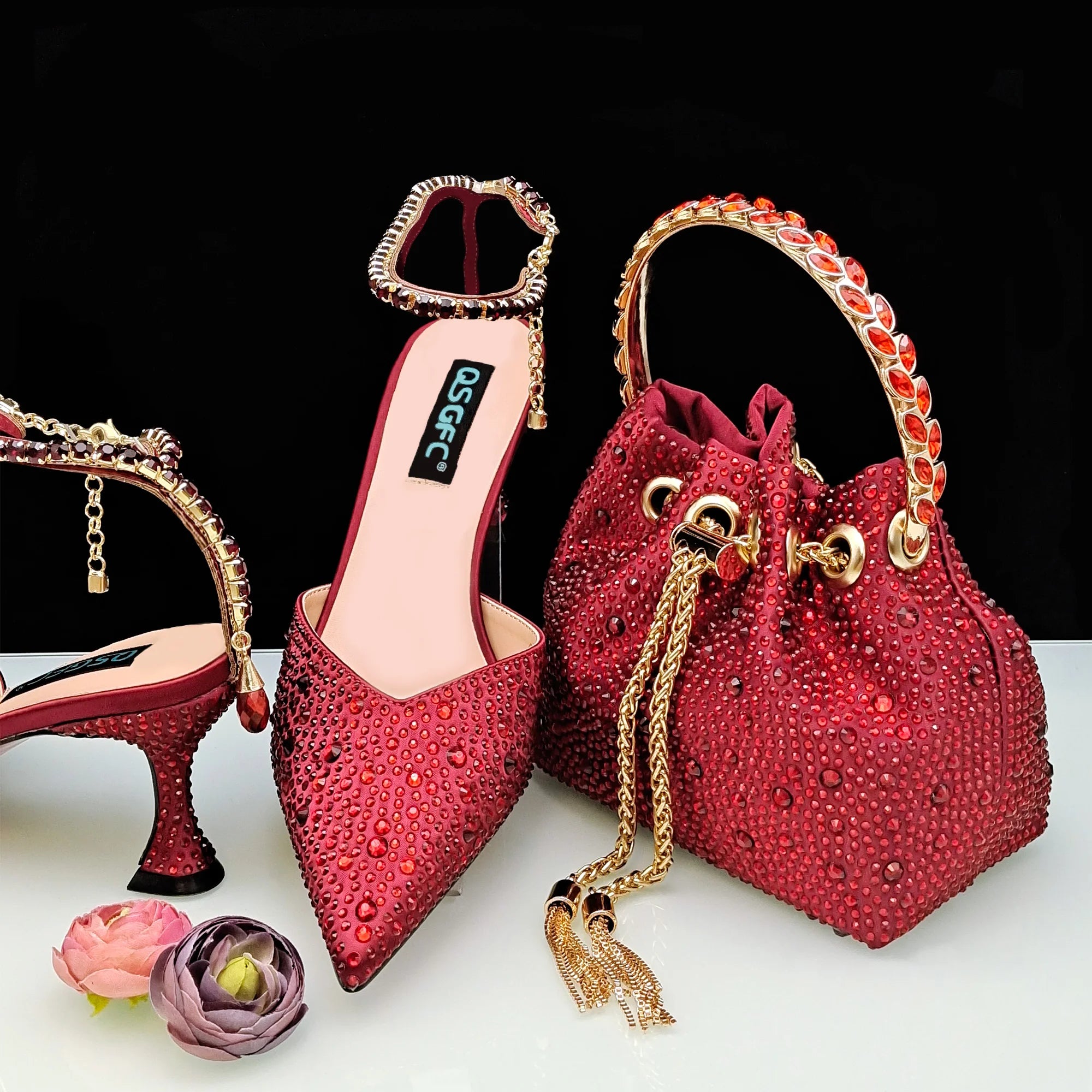 QSGFC New Gold Glitter Fabric Pointed Toe High Heels With A Variety Of Shapes Of Rhinestones Fashion Party Ladies Shoes And Bag