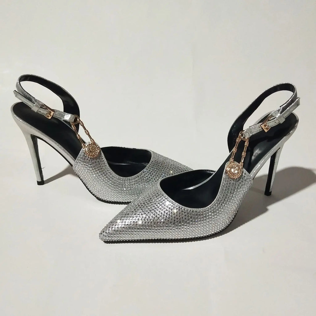 2025Women's Sexy Silk Rhinestone Pumps Belt Buckle Back Hollow Pointed Toe Thin Heel Sandals Pumps Female High Heels Party Shoes