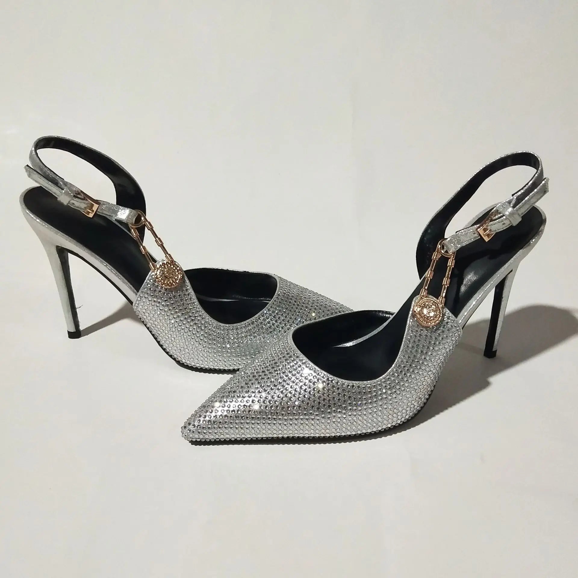 2025Women's Sexy Silk Rhinestone Pumps Belt Buckle Back Hollow Pointed Toe Thin Heel Sandals Pumps Female High Heels Party Shoes