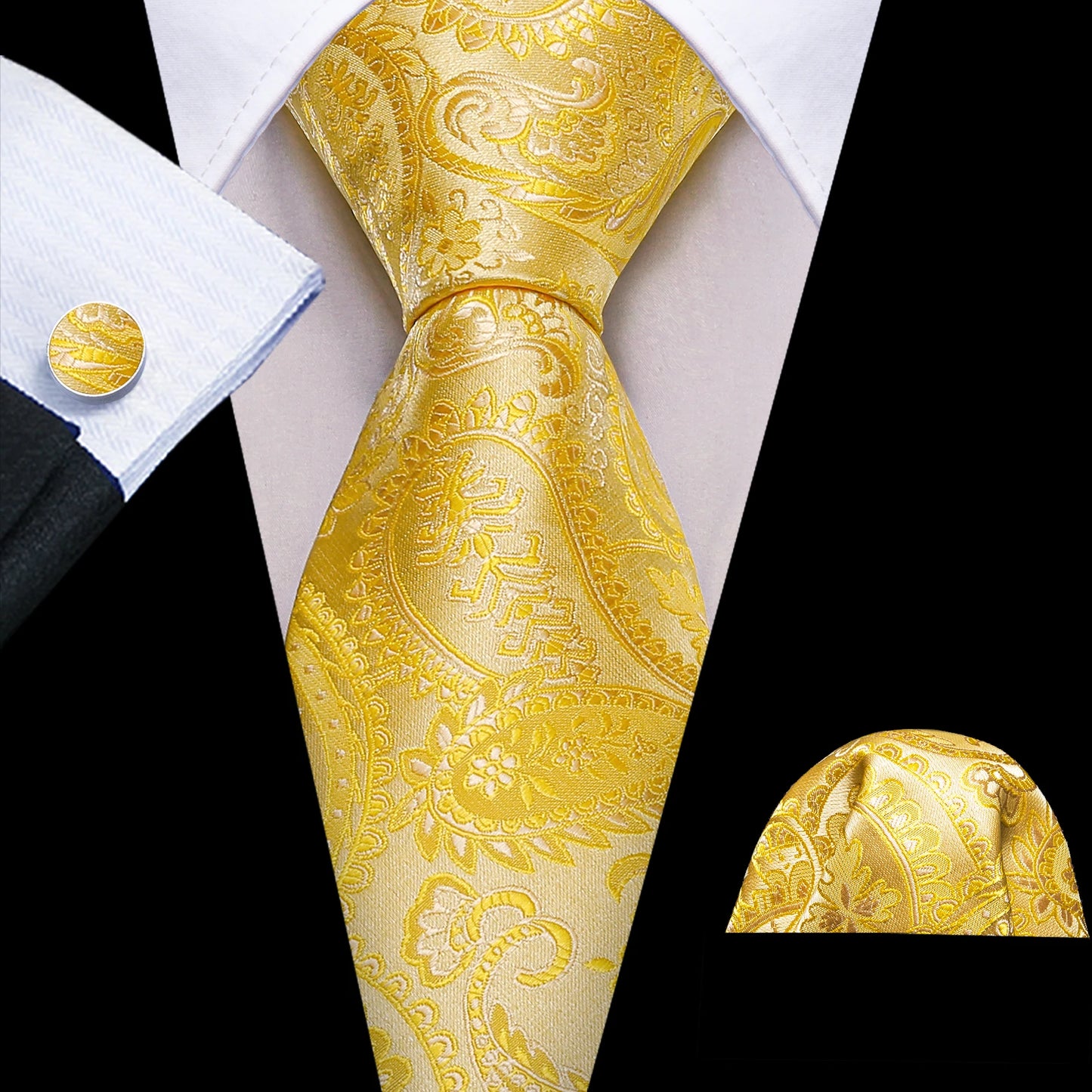 Barry.Wang Gold Beige Yellow Brown Tulip Silk Men Tie Handkerchief Cufflink Set Jacquard Necktie for Male Wedding Business Party