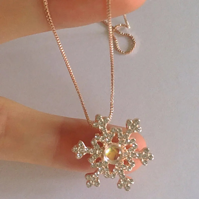 women girl famous moonstone snowflake necklace, female student chain necklace jewelry