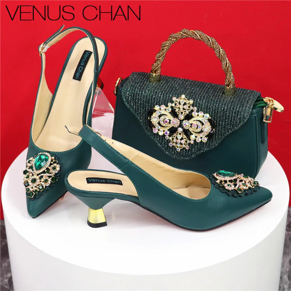 Italian 2024 Fashion Design Diamond Chain Full Diamond Bag And Pointed High Heels Noble And Generous Decoration Full Diamond