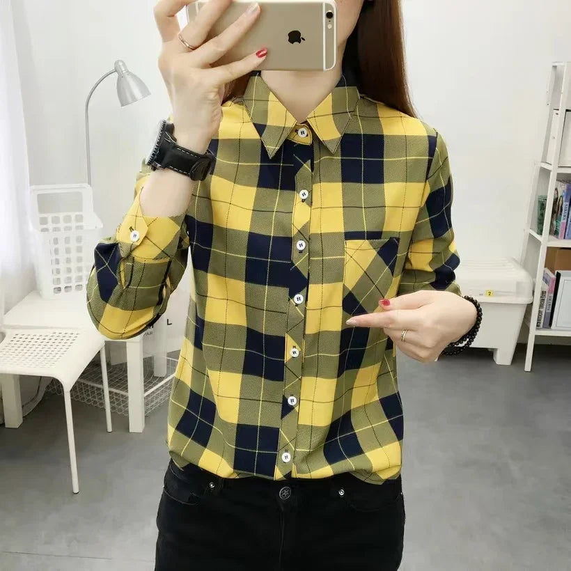 2024 Autumn New College Style Plaid Shirts Womens Long sleeve Button Down Casual Tops Loose Fashion Polo Neck Blouses
