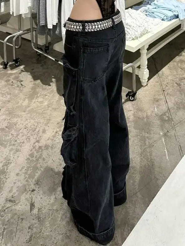 Casual jeans American washed multi-pocket work jeans Y2K retro women's street black straight-leg loose wide-leg pants
