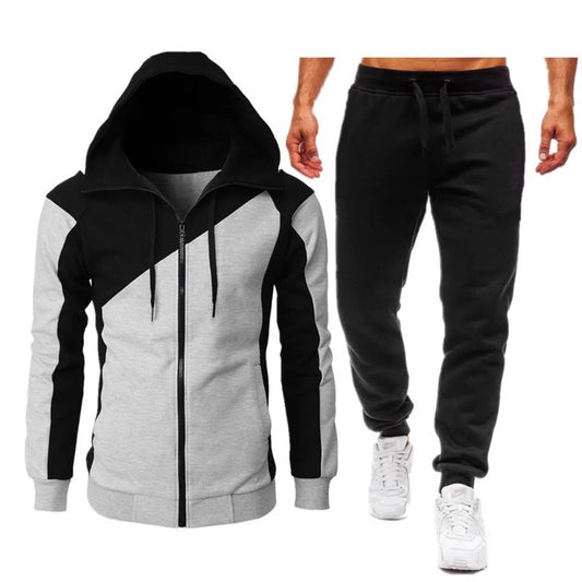 Men's Sets, Athletic two-tone patchwork jacket, long sleeves and long pants, hooded casual sports men's suit