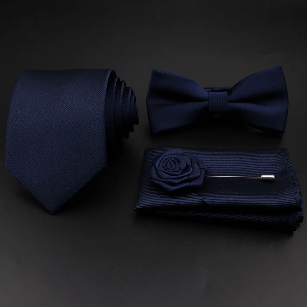 Hot Sale Red Blue Tie Set Polyester Slim Striped Necktie Bowtie Cufflink Brooch For Groom Suit Wedding Cravat Shirt Accessory