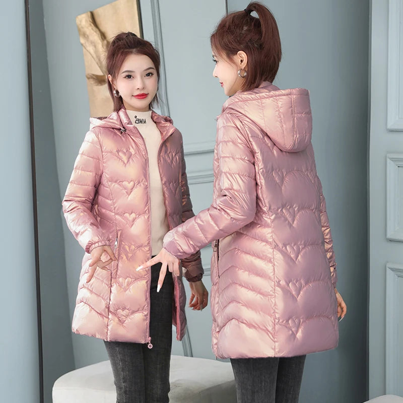 2023 New Winter Jacket Long Coats Women  Hooded Glossy DownCotton Jacket Warm Casual Parka Padded Cotton Coat Female