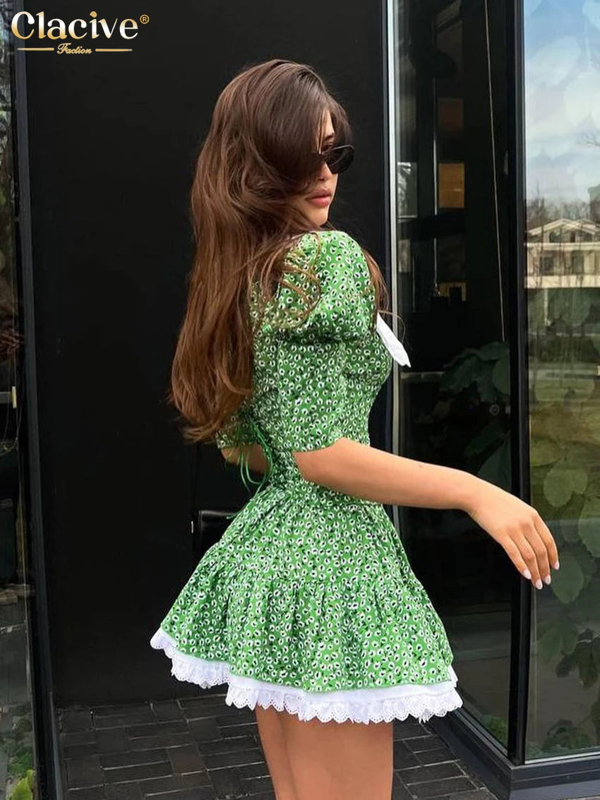Clacive Summer Slim Print Women'S Dress 2023 Bodycon Doll Collar Short Sleeve Mini Dresses Elegant Lace Patchwork Female Dress