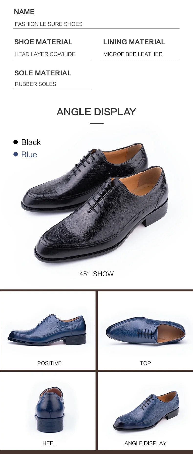 Men's Wedding Leather Shoes Handmade Classic Designer Formal Dress Leather Shoes Luxury Printing Pointed Toe Shoes Black Blue