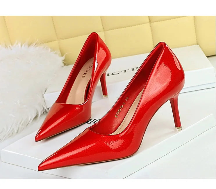 BIGTREE Elegant Simple Woman Heels Slim Heels High Heels Shallow Mouth Pointed Crystal Patent Leather Single Shoes  Women Shoes
