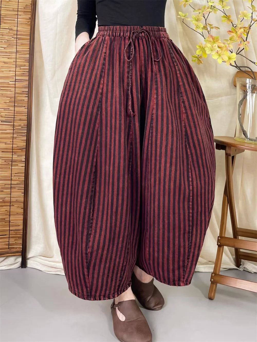 High Quality Cotton Linen Casual Pants Women New Arrival 2024 Autumn Vintage Style Striped Female High Waist Harem Pants M075