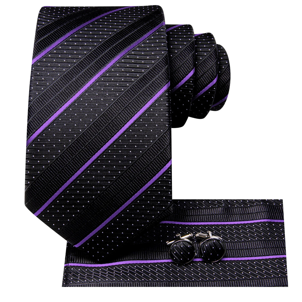 Hi-Tie Striped Black Purple Red Green Men Elegant Necktie Hanky Cufflinks for Tuxedo Fashion Classic Silk Luxury Tie for Man