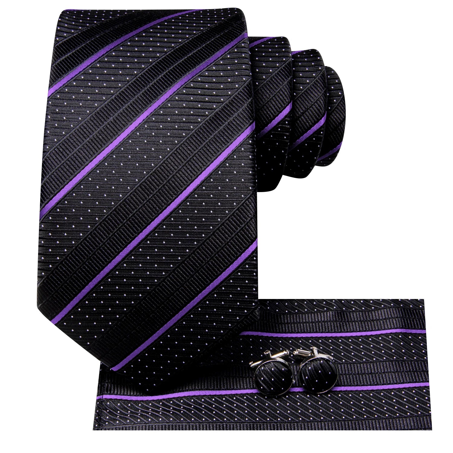 Hi-Tie Striped Black Purple Red Green Men Elegant Necktie Hanky Cufflinks for Tuxedo Fashion Classic Silk Luxury Tie for Man