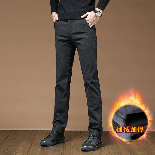 Winter Fashion Thermal Mens Casual Pants Fleece Lined Straight  Business Trousers Versatile Black Gray Blue Brand Trousers