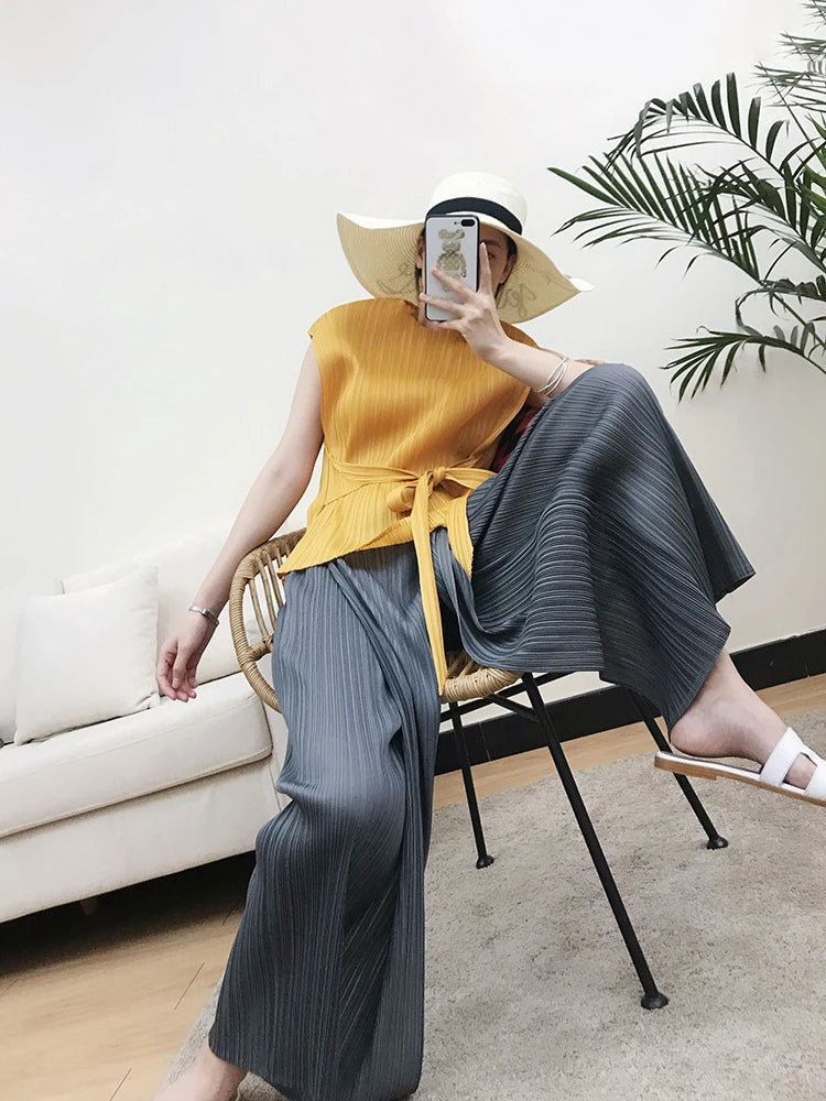 Miyake Pleated Black High Waist Split Side Straight Pants Women Causal Loose Cropped Trousers