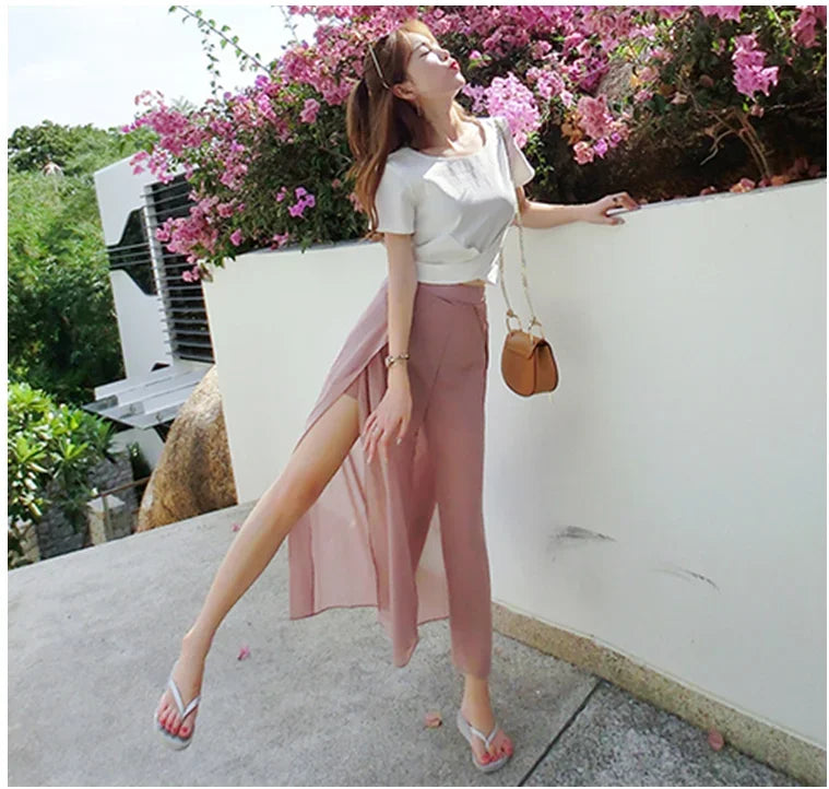 2024 Side Split Shorts Skirt Women's Summer Sweet Slim Chiffon Capris Skirts Female Korean Style Split Tulle Skirt Pants