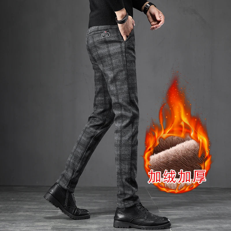 Winter Fleece Warm Pants Men England Plaid High Quality Business Slim Cotton Long Trousers Male Black Gray Pant Big Size 28-38