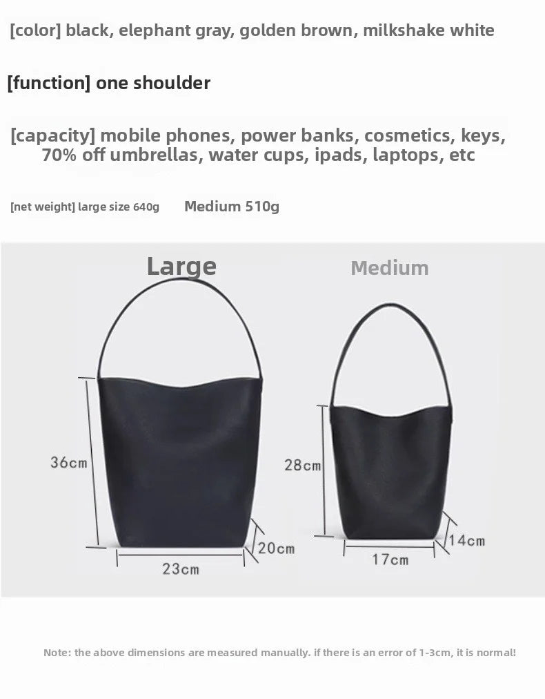 2025 New Leather Large Capacity Bucket Bag, Lychee Pattern, Cowhide, Commuting Tote Bag, Shoulder Bag, Hand-held Women's Bag
