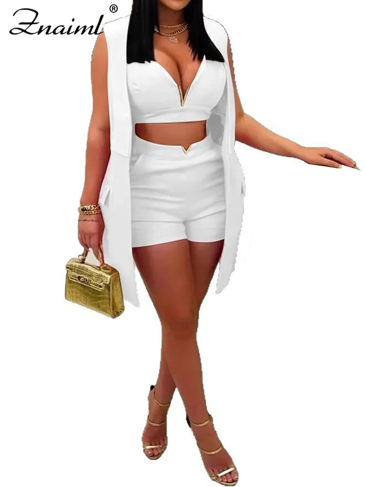 Znaiml Women's Fashion New Tank Top and Shorts 3 Pieces Set with Vest Coat Summer Casual Vacation Party Office Lady Outfits 2025
