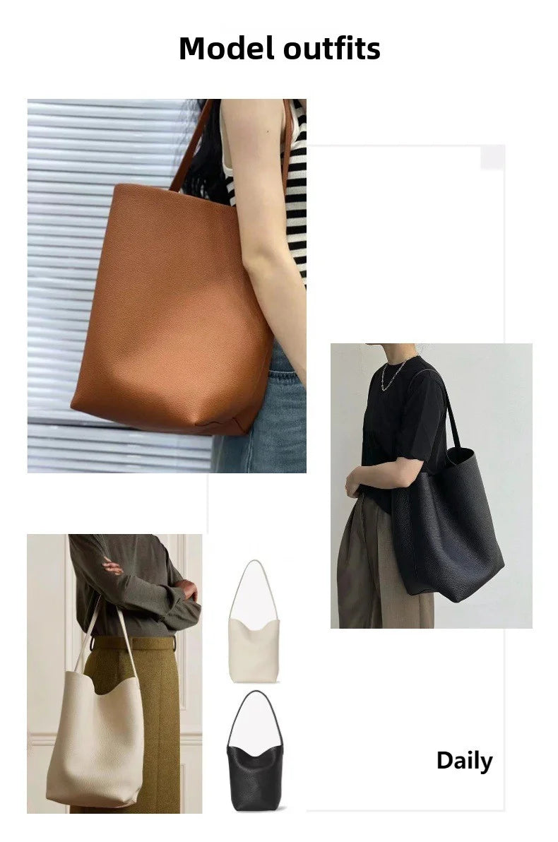 2025 New Leather Large Capacity Bucket Bag, Lychee Pattern, Cowhide, Commuting Tote Bag, Shoulder Bag, Hand-held Women's Bag