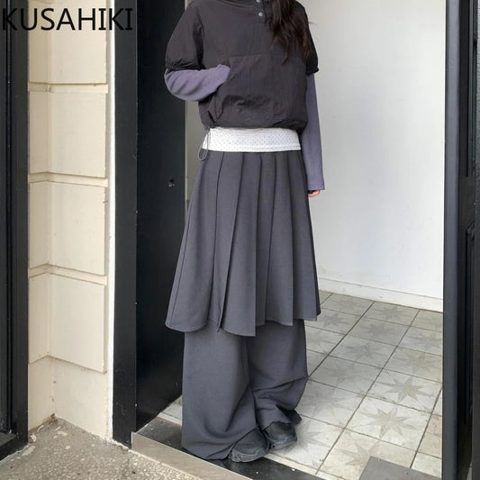 KUSAHIKI Korean Niche Wide Leg Pants Fake Two-piece Suit Pleated Skirt Long Pant Spicy Girl Y2k Trousers