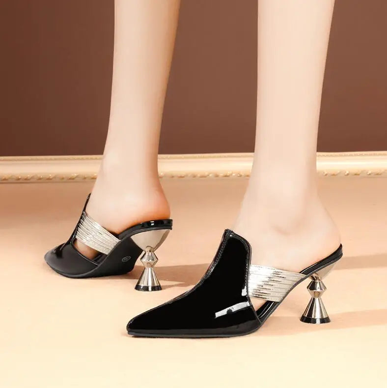 Women Sandals Wedding Party Strange Heels Mules Fashion Rhinestone Slippers Quality PU Pumps Shoes Woman