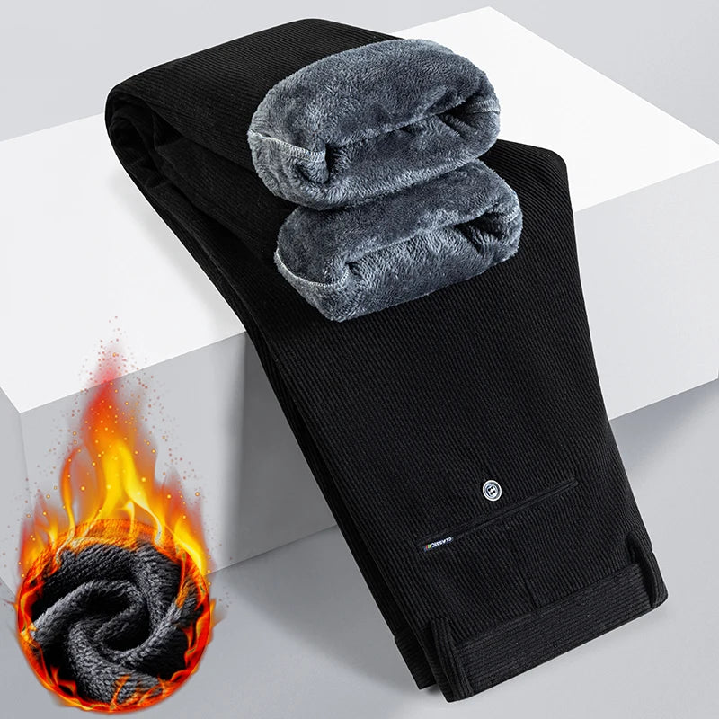 Winter New Corduroy Thick Pants Men's Fleece Fashion Business Straight Trousers Brand Comfortable Velvet Warm Plush Loose Pants