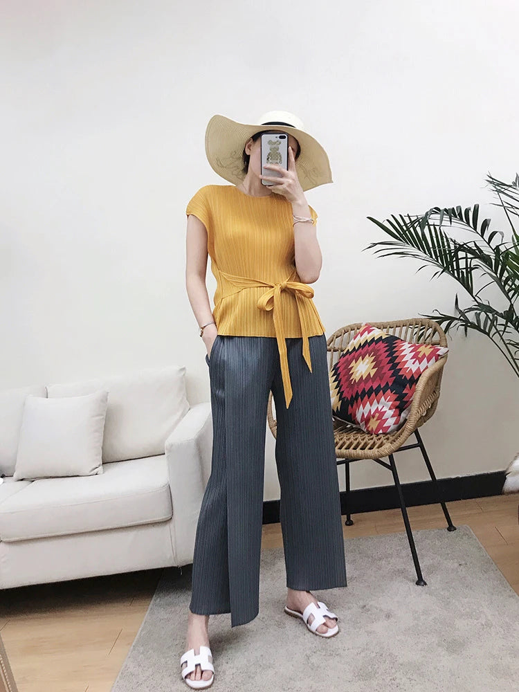 Miyake Pleated Black High Waist Split Side Straight Pants Women Causal Loose Cropped Trousers